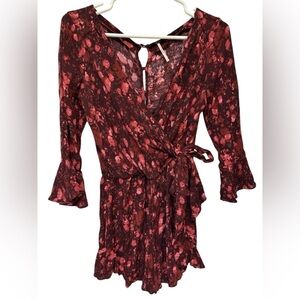 Free People All The Right Ruffles Playsuit Floral Foliage Wrap Shorts Romper